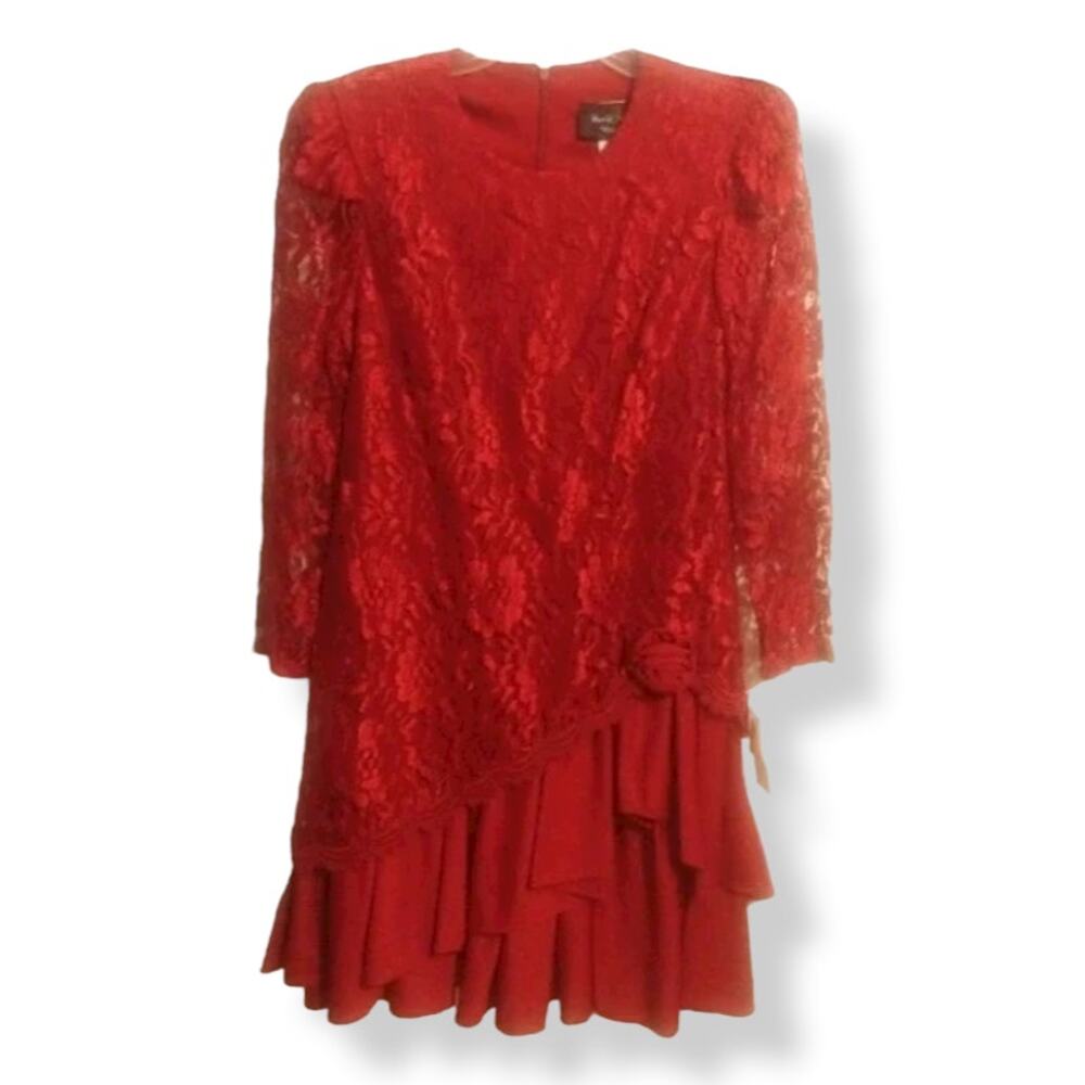 Vintage David Rose Night Flapper Style Red Lace Dress with Ruffled Hem Size 8P